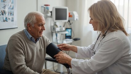 Obraz premium Elderly man receiving blood pressure measurement with friendly doctor in bright medical office, emphasizing care and professionalism