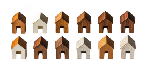 Ten miniature wooden house objects on transparent background