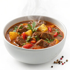 Delicious beef stew simmering in copper pot with vegetables and herbs