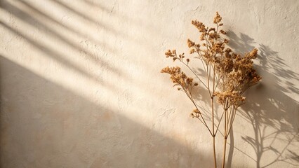 Warm sunlight illuminates dried grasses on textured beige wall with shadow patterns