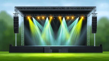 Vibrant Outdoor Festival Stage with Colorful Lighting Surrounded by Greenery