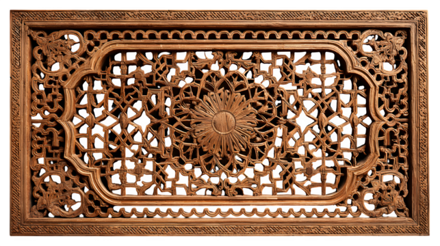 Intricate Carved Wooden Panel, isolated on transparent background