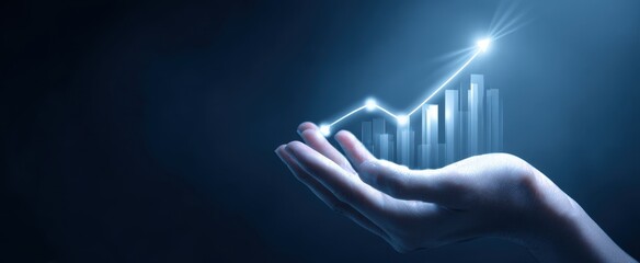 The hand presenting a glowing financial growth chart against a dark backdrop.