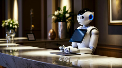 A White Robot Working at a Hotel Front Desk