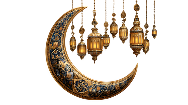 Ramadan Crescent Moon and Lanterns, isolated on transparent background