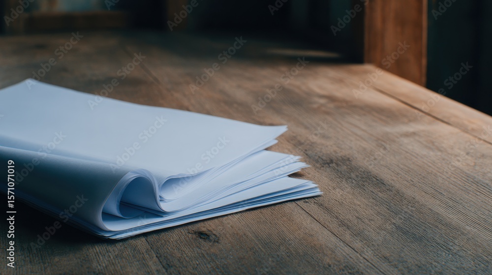 Poster a stack of blank papers resting on a rustic wooden table in a softly lit room