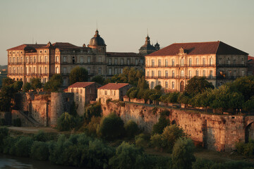 Obraz premium serene view of ancient european castle surrounded by lush greenery and clear skies