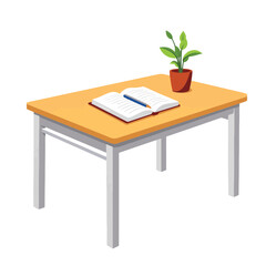 Fototapeta premium Simple wooden desk with notebook and plant, minimalistic design