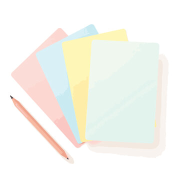 Organized pastel flashcards with pencil on white surface, study tools