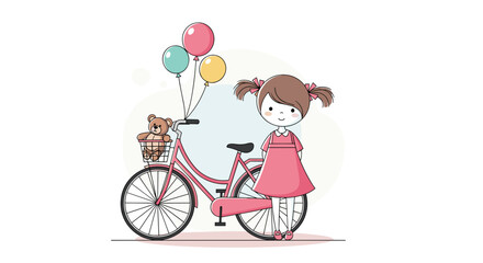 Joyful Girl With Pink Bicycle Balloons And Teddy Bear Childhood Happiness Celebration Fun Outdoor Activity Summer Day Breeze