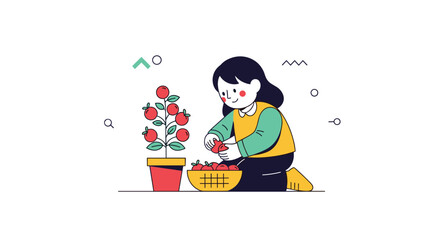 Little girl happily picking ripe red strawberries from a potted plant into a basket