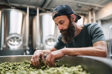 Craftsman inspecting fresh hops in brewery, showcasing dedicatio