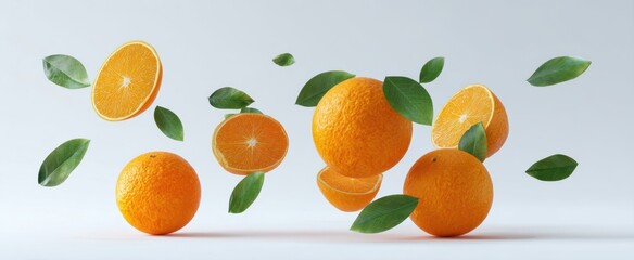 The vibrant oranges floating with fresh leaves on a soft background.