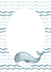 Watercolor oval frame with cute smiling blue Whale swimming on sea, ocean waves. Circular marine card template in retro style. Hand drawn illustration. Perfect for cards, posters, party invitations or