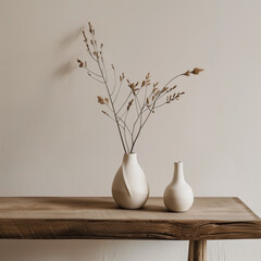 minimalist ceramic vases with dried natural grasses on rustic wooden table