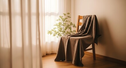 Wooden Chair With Brown Blanket Near Sheer Curtains and Potted Plant In Calm Indoor Setting