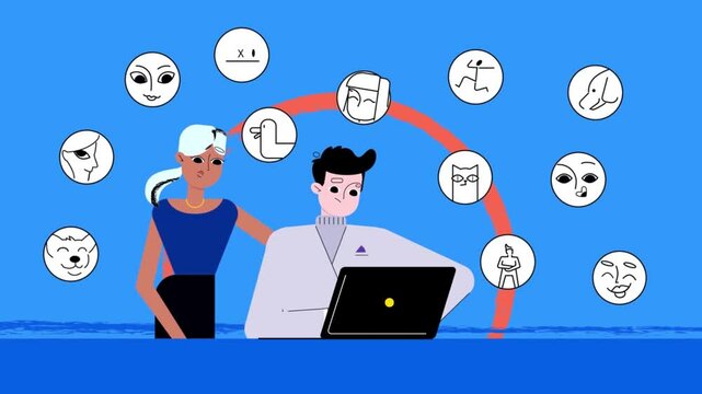 Team Collaborating with Mood and Emotion Icons on Laptop