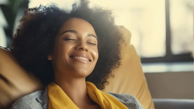 A serene woman relaxes on a couch, basking in the sunlight, her eyes closed as she embraces a moment of peace and relaxation.