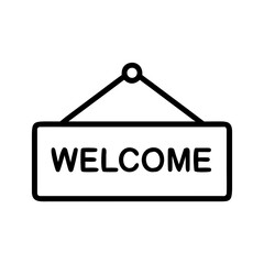 Minimalist black outline vector icon of a hanging sign with the word "Welcome", symbolizing hospitality, greeting, and customer service. Isolated on a transparent background