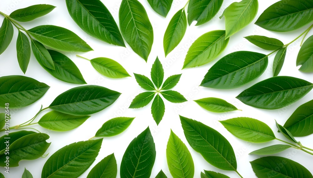 Poster green leaves arranged in a circular pattern on a white background. the leaves are vibrant green and 
