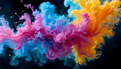 Fototapeta premium High-speed macro shot of colorful ink dropped in water, swirling cloud motion, black background, ultra HD”