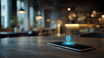 Digital Location Pin Hologram on Smartphone in a Cafe Setting