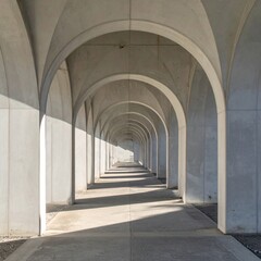 Sunlit Concrete Archway Corridor Architecture