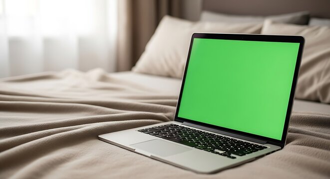 Laptop with Green Screen on Bed for Remote Work or Leisure