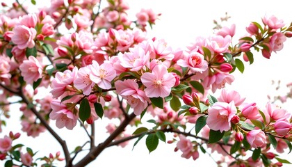 Obraz premium a close-up view of a blossoming tree branch covered in pink flowers against the bright sky