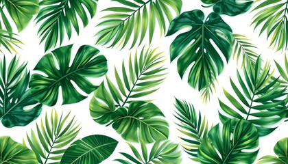 a vibrant and refreshing tropical foliage pattern, featuring a variety of lush green leaves. The leaves display intricate textures and details. They evoke a sense of freshness and the natural world.