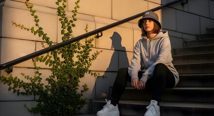 A young person sits on outdoor stairs beside a stone wall with a climbing plant in warm sunlight wearing casual clothing and a hat.