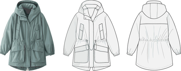 flat vector cad drawing technical illustration of hooded parka jacket front and back view detailed fashion design sketch