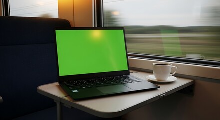 Working Remotely on a Train Laptop with Green Screen and Coffee