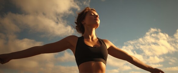 The woman embracing freedom in a serene sunset landscape.