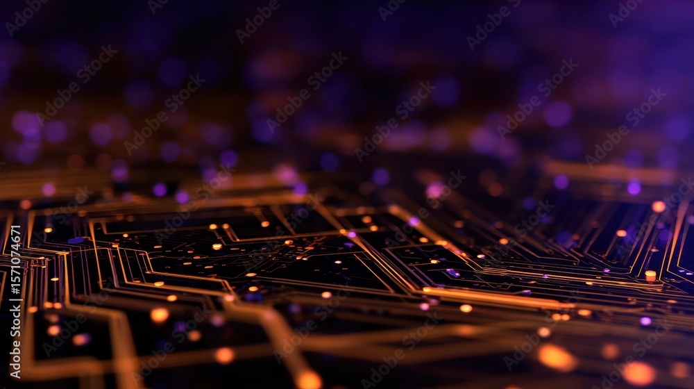 Poster close-up view of a vibrant circuit board with glowing connections and a blurred background