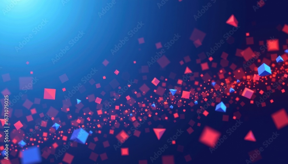 Fototapete Abstract background with red and blue glowing particles forming a dynamic spiral. The particles are various geometric shapes, creating an energetic and vibrant visual effect.