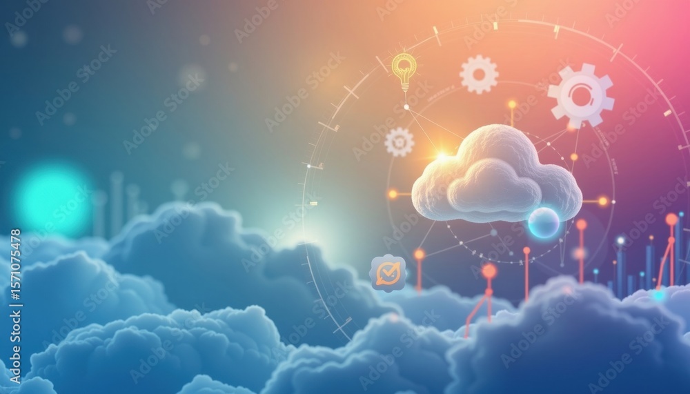 Poster cloud computing concept image with vibrant colors, including clouds, gears, and connection symbols. 