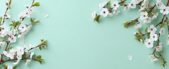 The blooming branches of cherry blossoms on a serene green background.