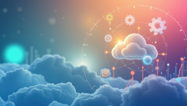 Cloud computing concept image with vibrant colors, including clouds, gears, and connection symbols. Showcasing innovation, technology, and the digital world