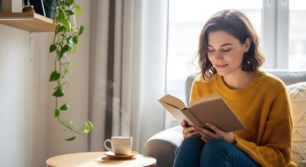 Young woman in yellow sweater reading a book next to a cup of coffee steam rising from a warm living room setting with natural light and indoor plants.