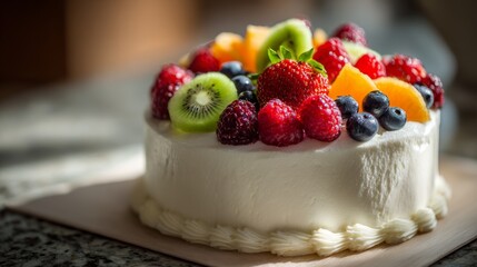 Freshly Baked Round Cake Being Decorated With Colorful Frosting And Assorted Fresh Fruit On Transparent Glass Serving Plate