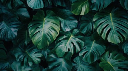 Lush, green monstera leaves fill the frame in a captivating botanical pattern. Use for natural backgrounds, adding a touch of tropical beauty.