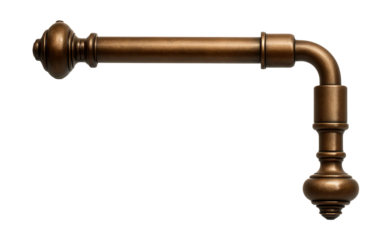 Bronze curtain rod with an adjustable elbow, designed for corner windows in a stately residence.