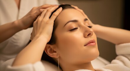 Young Woman Receives Relaxing Head Massage in Spa Setting with Warm Lighting