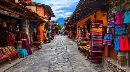 Colorful artisan goods line a cobblestone street.
