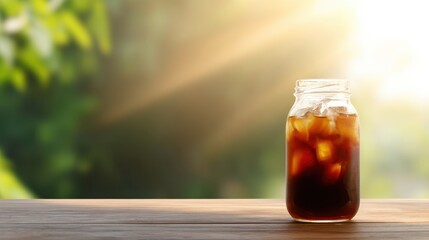 Refreshing iced coffee in a jar on a wooden table with sunlight filtering through greenery