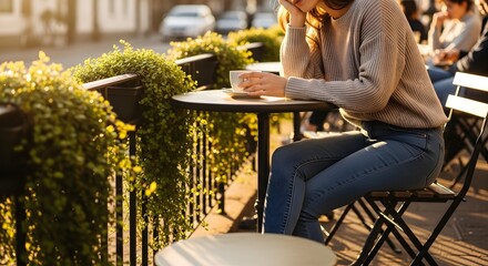 A young woman sits at a cafe table enjoying a hot beverage. Soft sunlight illuminates the scene with plants and a blurry background of a city street.