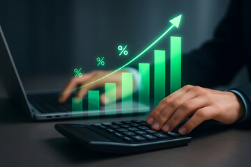 Business person calculating profit with digital financial graph indicating positive growth
