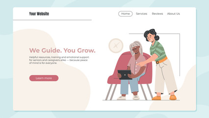 Vector flat web template showing senior woman learning tablet use with help from younger caregiver. Promotes intergenerational support, digital literacy, and empowerment for elderly people.