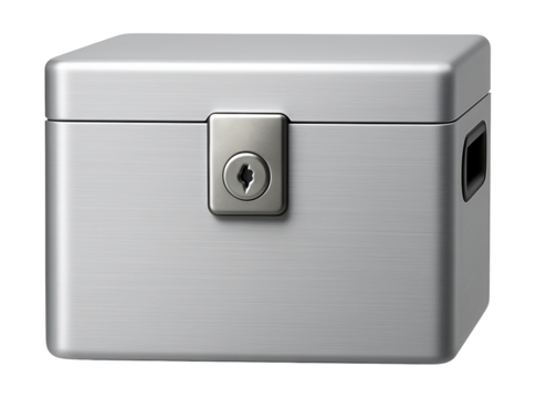 A compact, lockable box with discreet handles, used for securing personal documents in a home office.